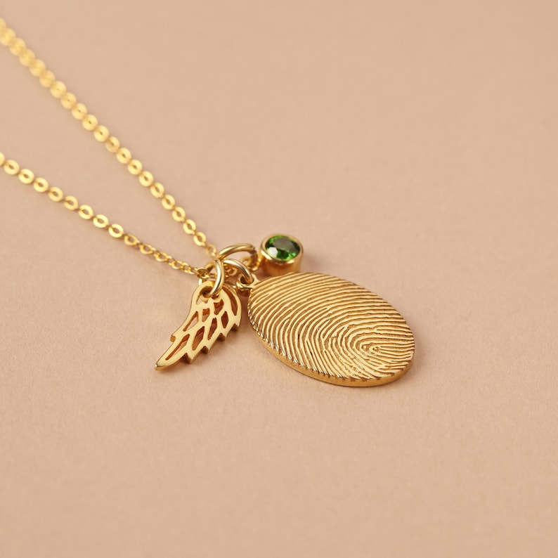14K Gold Plated Fingerprint Necklace With Birthstone, wings
