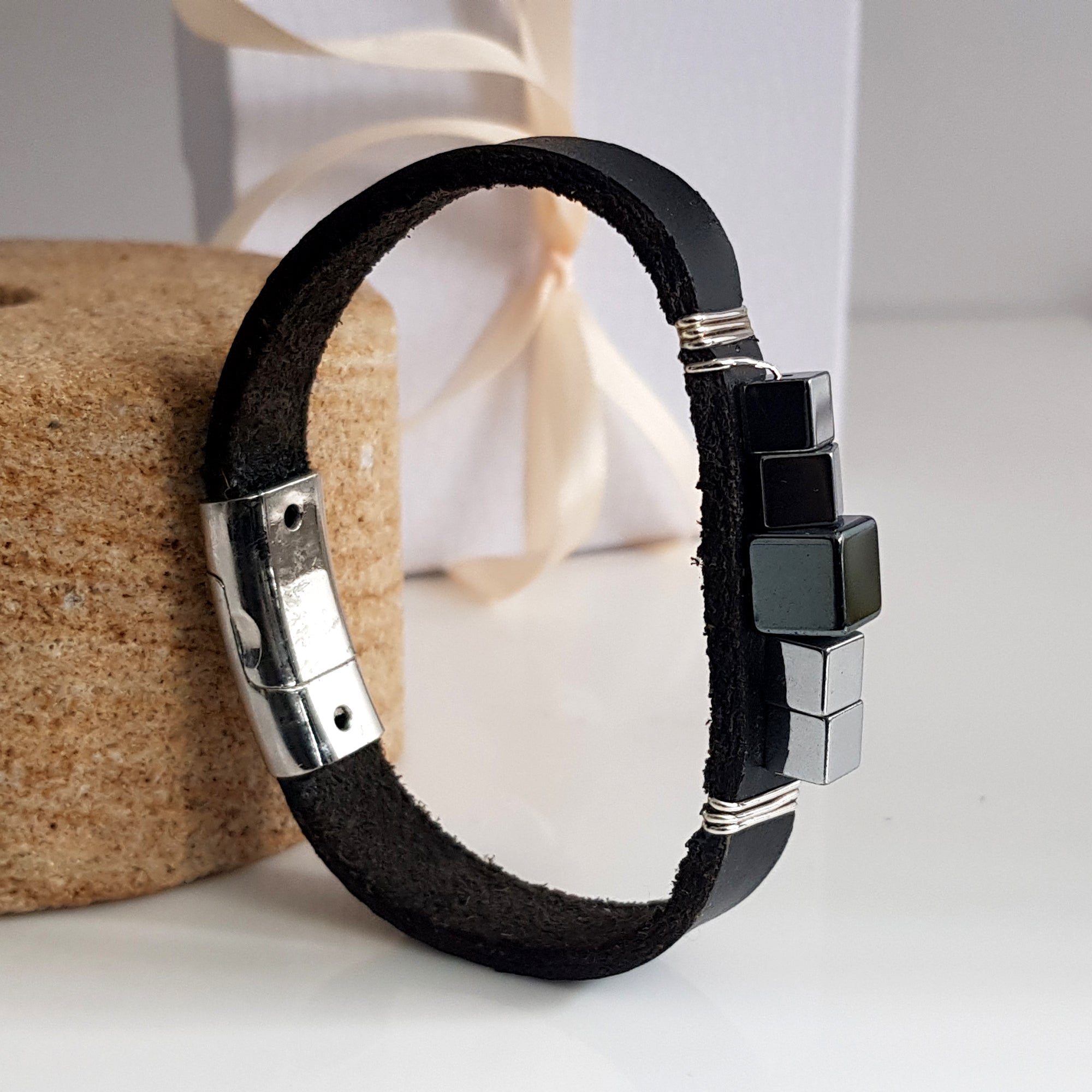925 Sterling Silver Black Leather & Haematite Band Bracelet