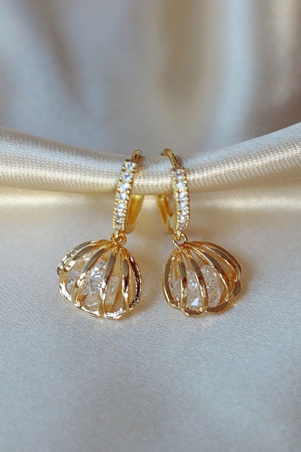 24K Gold Plated Sea Shell Diamond  Hoops