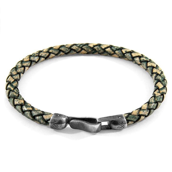 925 streling Silver Petrol Green Skye and Braided Leather Bracelet