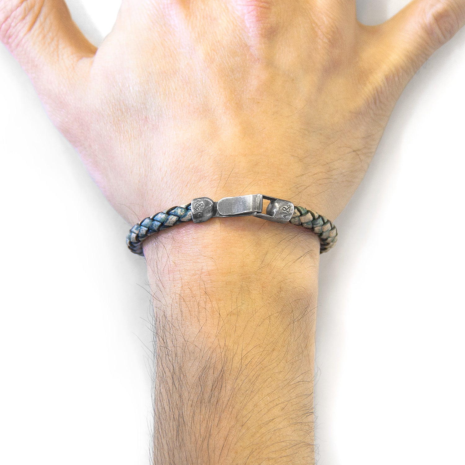 925 streling Silver Petrol Green Skye and Braided Leather Bracelet