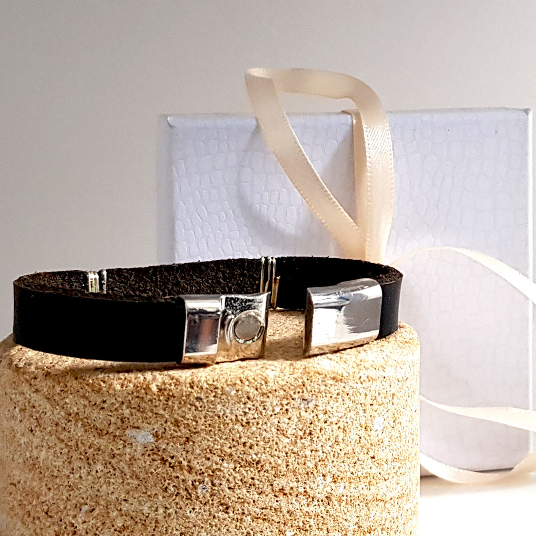 925 Sterling Silver Black Leather & Haematite Band Bracelet