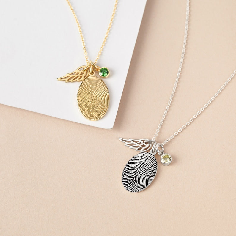14K Gold Plated Fingerprint Necklace With Birthstone, wings