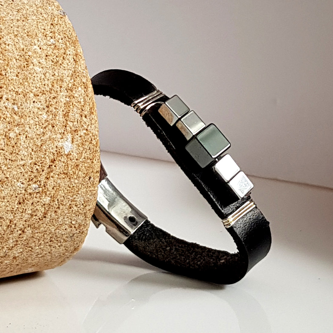 925 Sterling Silver Black Leather & Haematite Band Bracelet