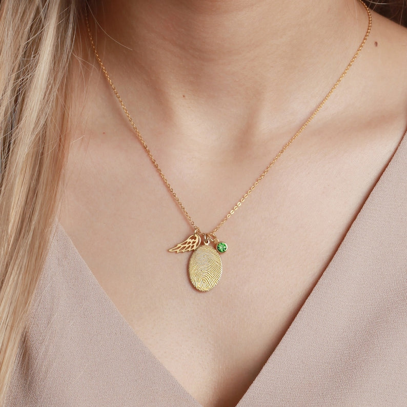 14K Gold Plated Fingerprint Necklace With Birthstone, wings