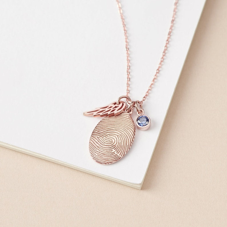 14K Gold Plated Fingerprint Necklace With Birthstone, wings