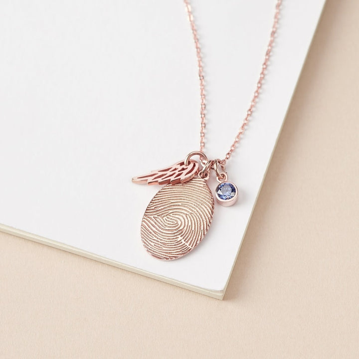 14K Gold Plated Fingerprint Necklace With Birthstone, wings