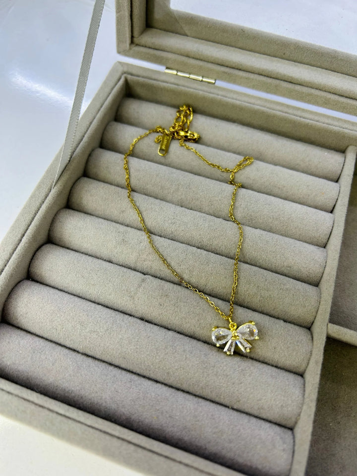Stainless Steel Zircon Bow Necklace for Women