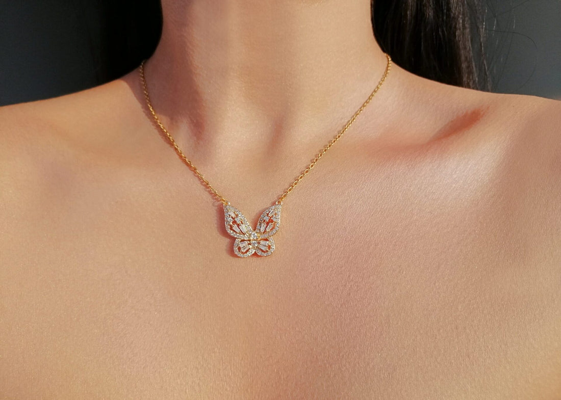 24K Gold Plated Butterfly  with Diamond Necklace