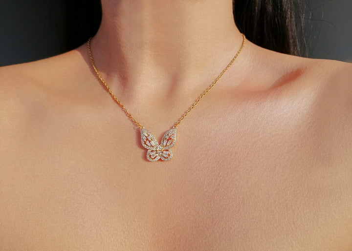 24K Gold Plated Butterfly  with Diamond Necklace