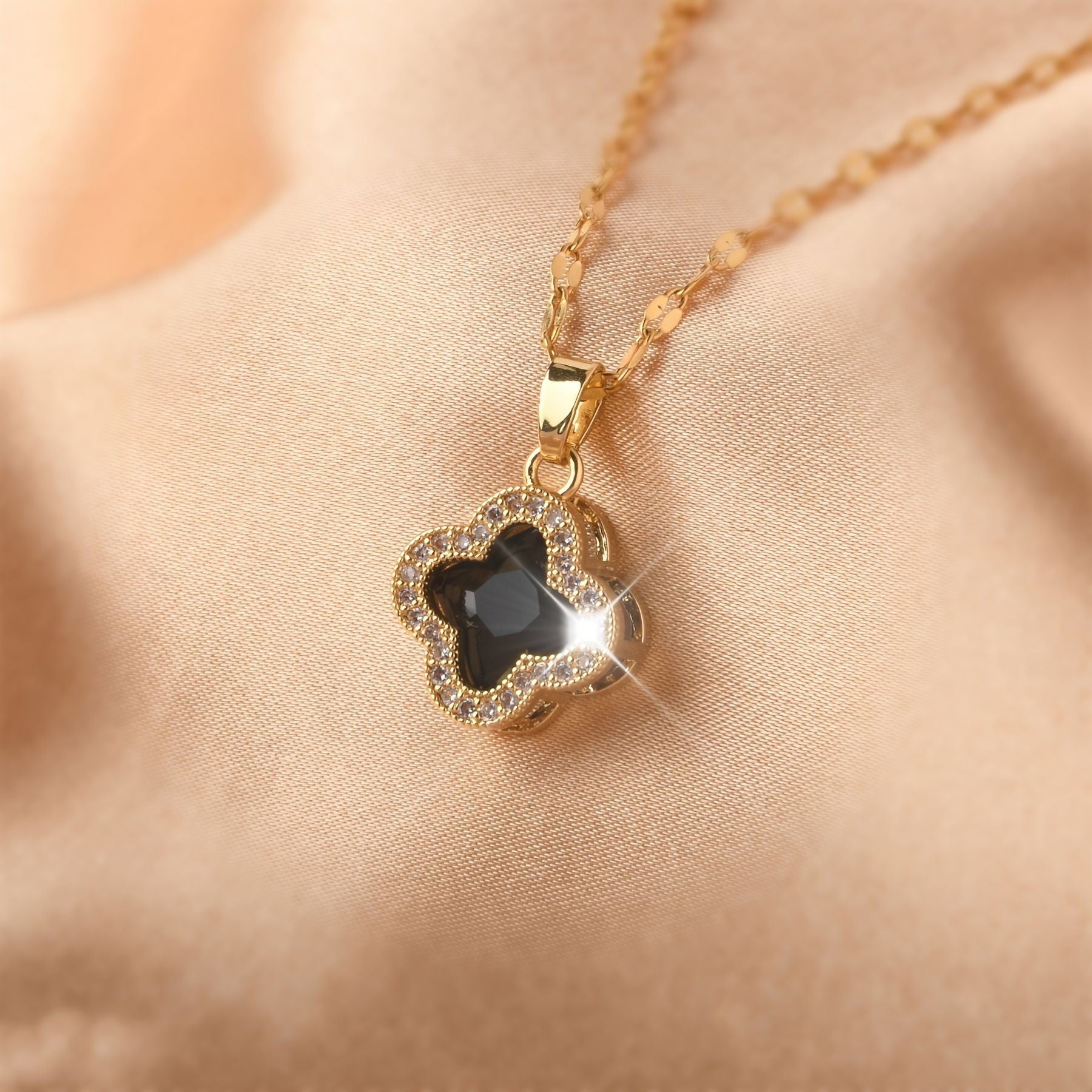 18K Gold Plated Clover Leaf  with a black center stone NNecklace