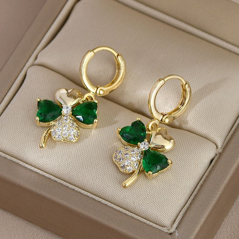 18K Plated Gold Earrings four-leaf clover design with emerald stones.