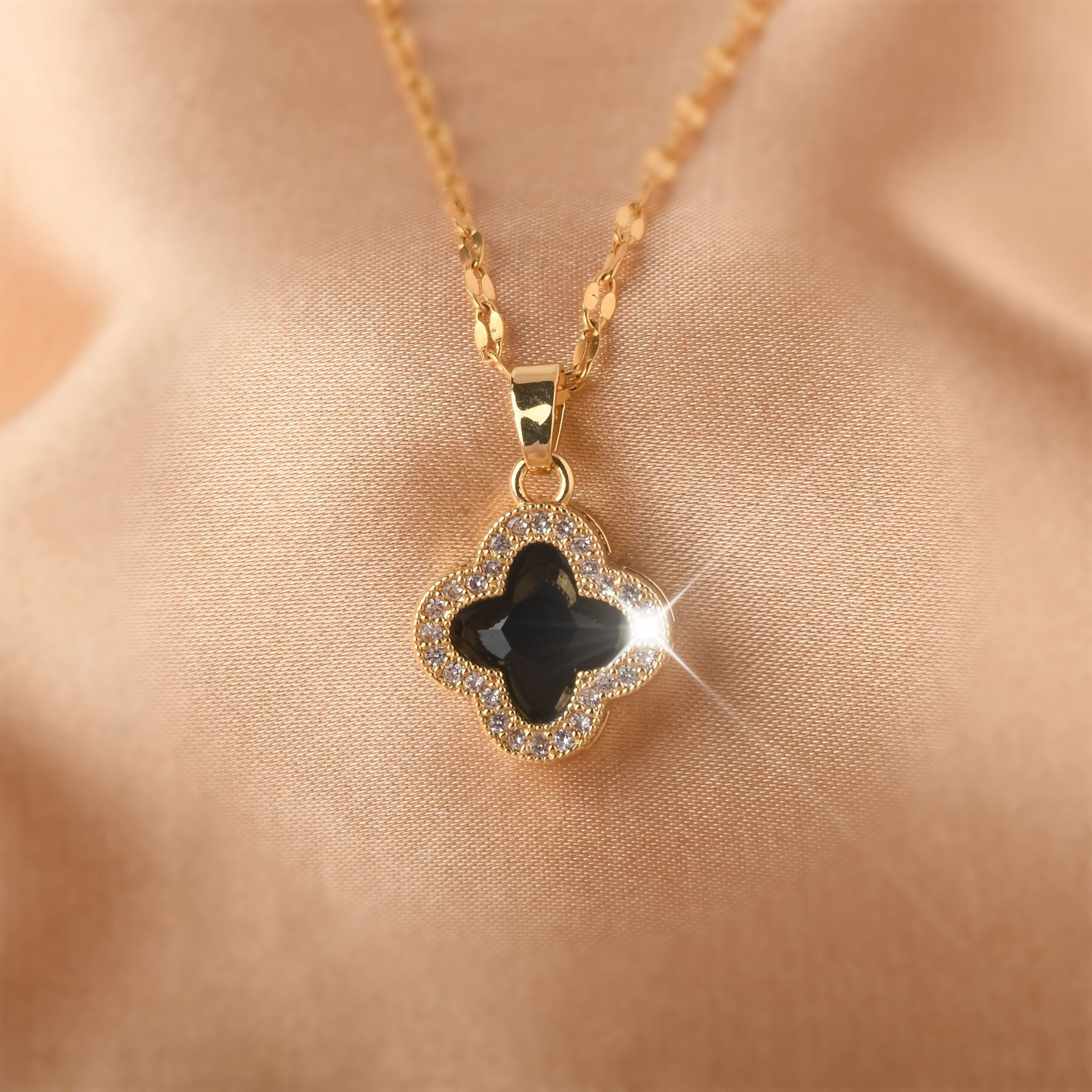 18K Gold Plated Clover Leaf  with a black center stone NNecklace