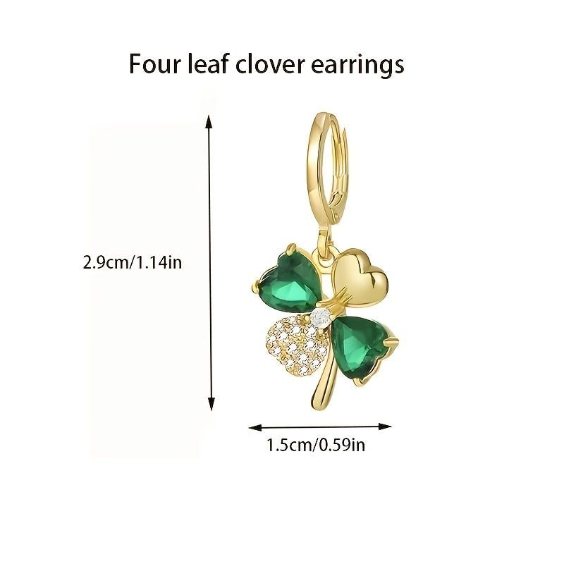 18K Plated Gold Earrings four-leaf clover design with emerald stones.
