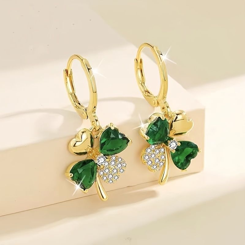 18K Plated Gold Earrings four-leaf clover design with emerald stones.