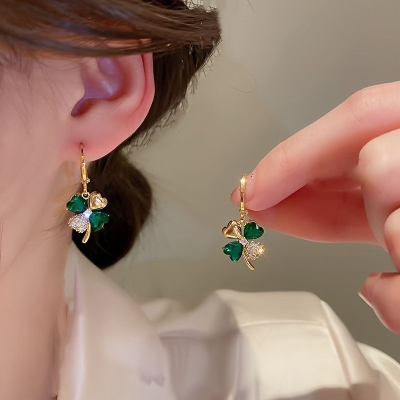 18K Plated Gold Earrings four-leaf clover design with emerald stones.
