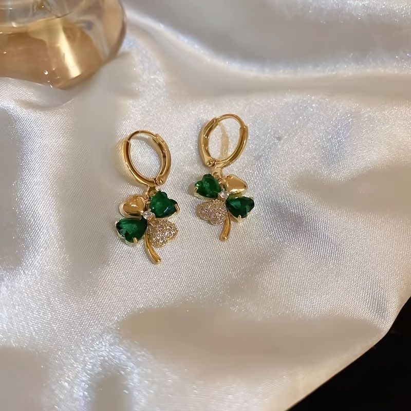 18K Plated Gold Earrings four-leaf clover design with emerald stones.