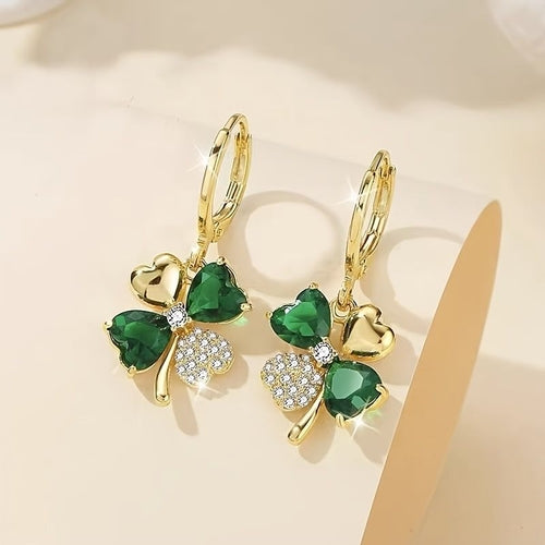 18K Plated Gold Earrings four-leaf clover design with emerald stones.