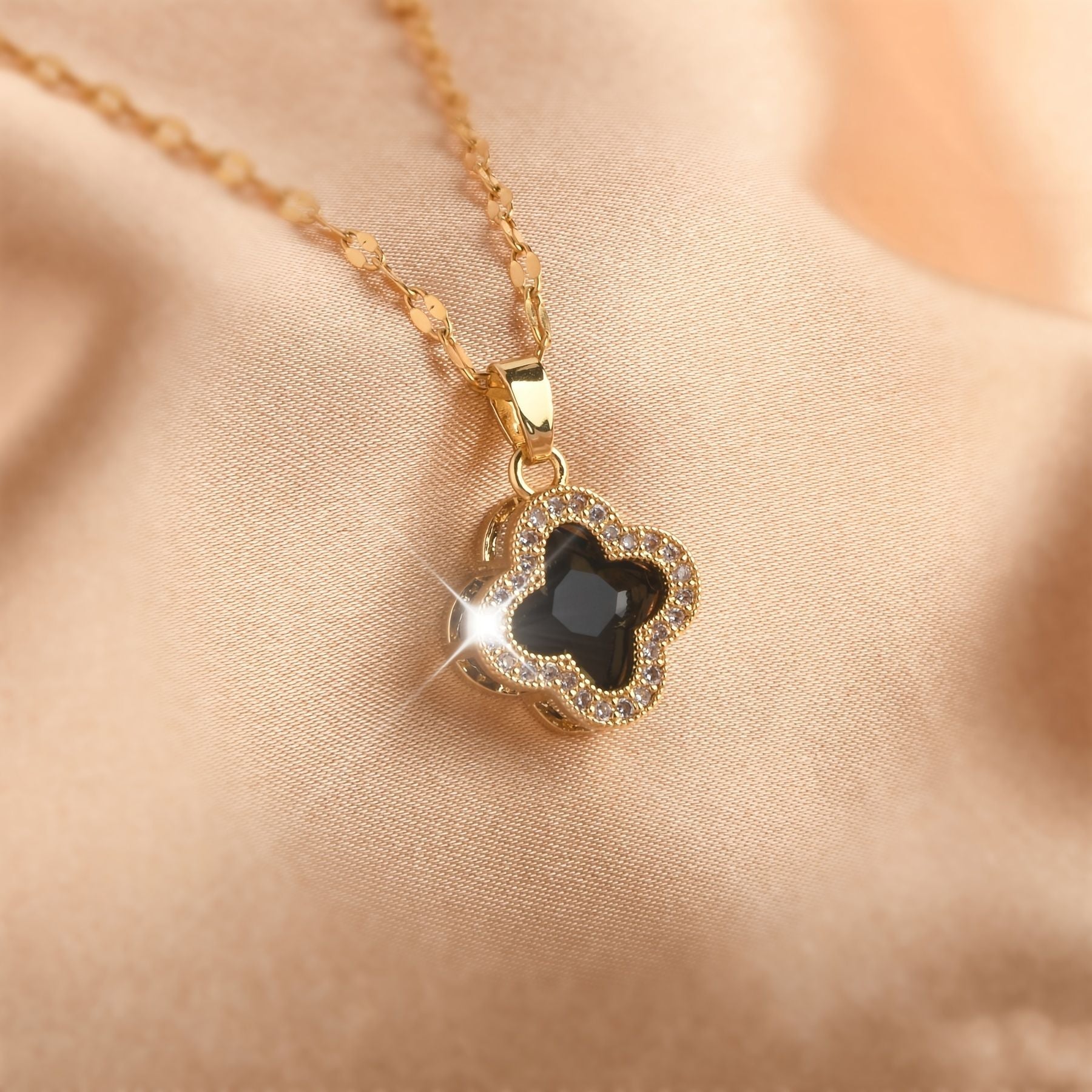 18K Gold Plated Clover Leaf  with a black center stone NNecklace