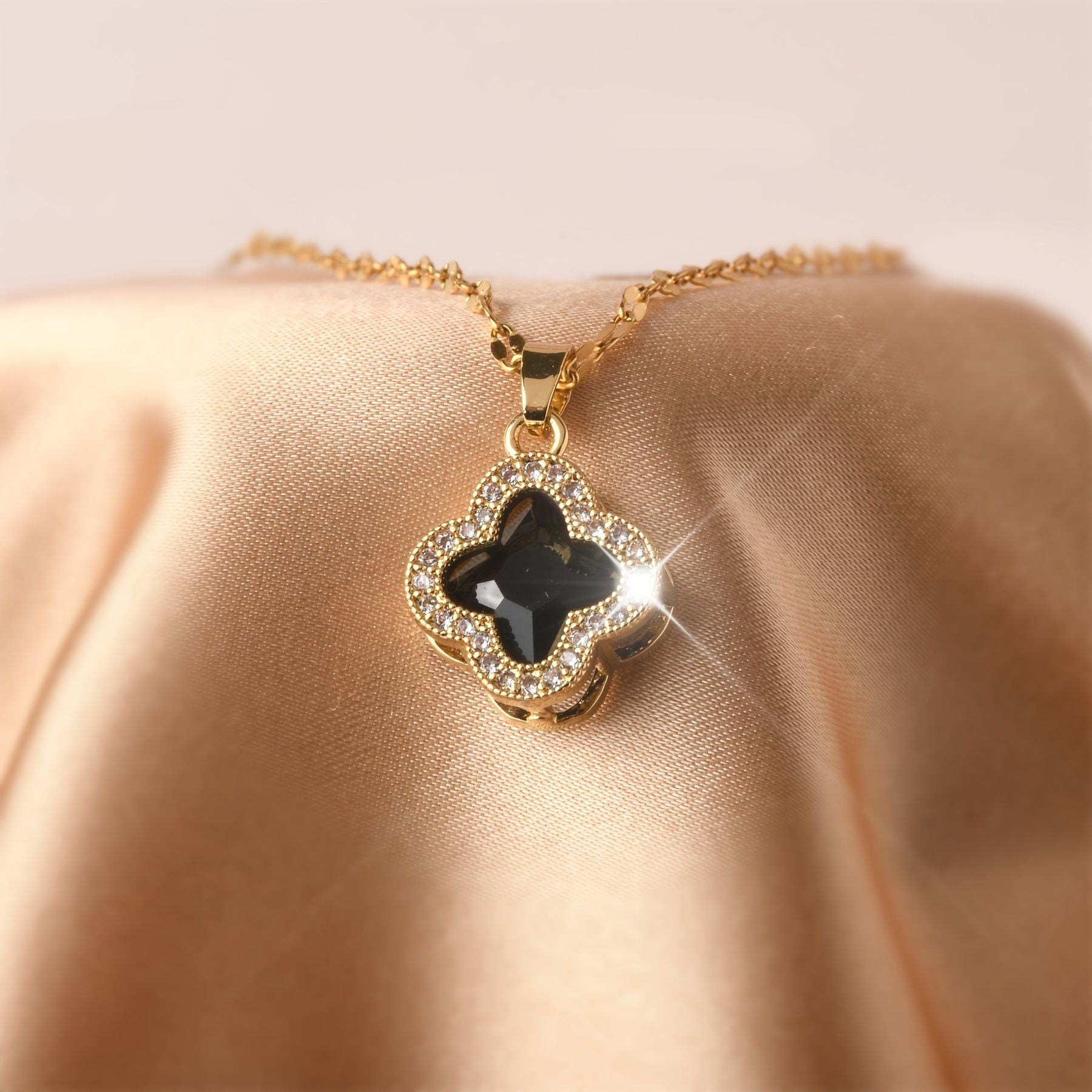 18K Gold Plated Clover Leaf  with a black center stone NNecklace