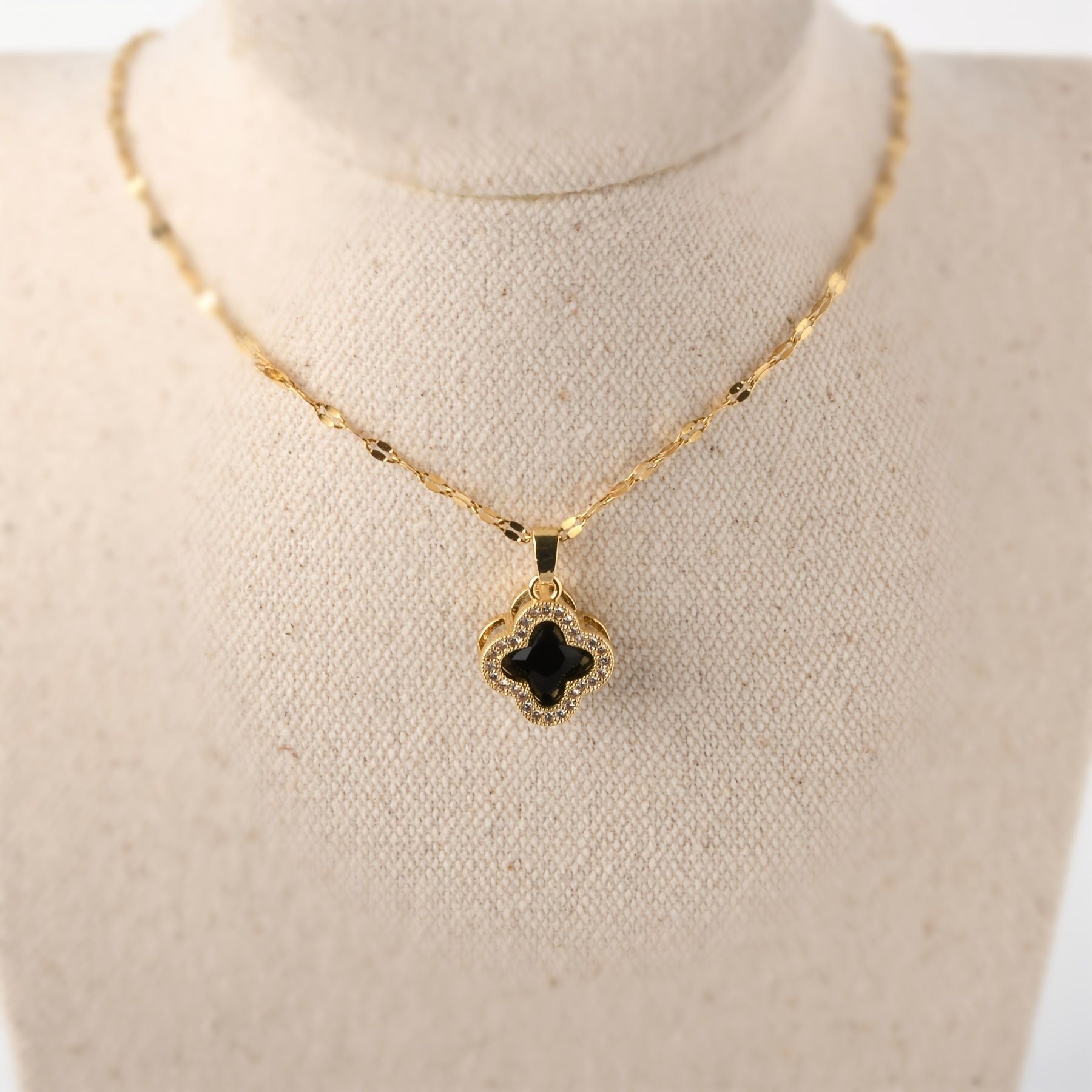 18K Gold Plated Clover Leaf  with a black center stone NNecklace