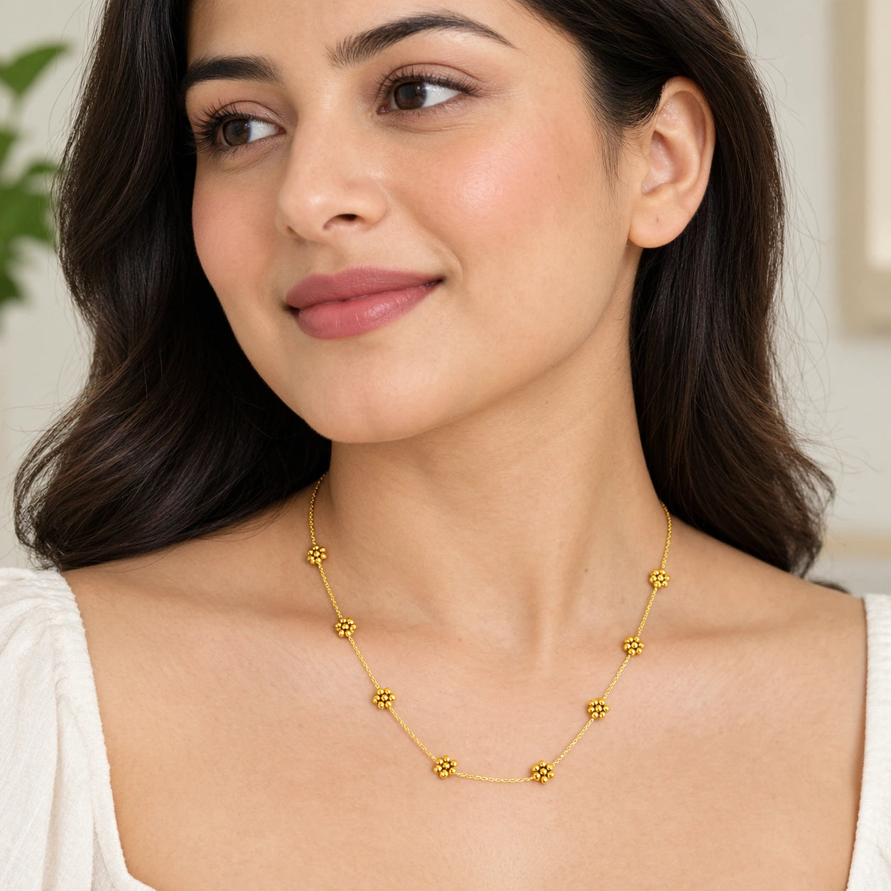 Dainty Golden Bead Flower Necklace for Women