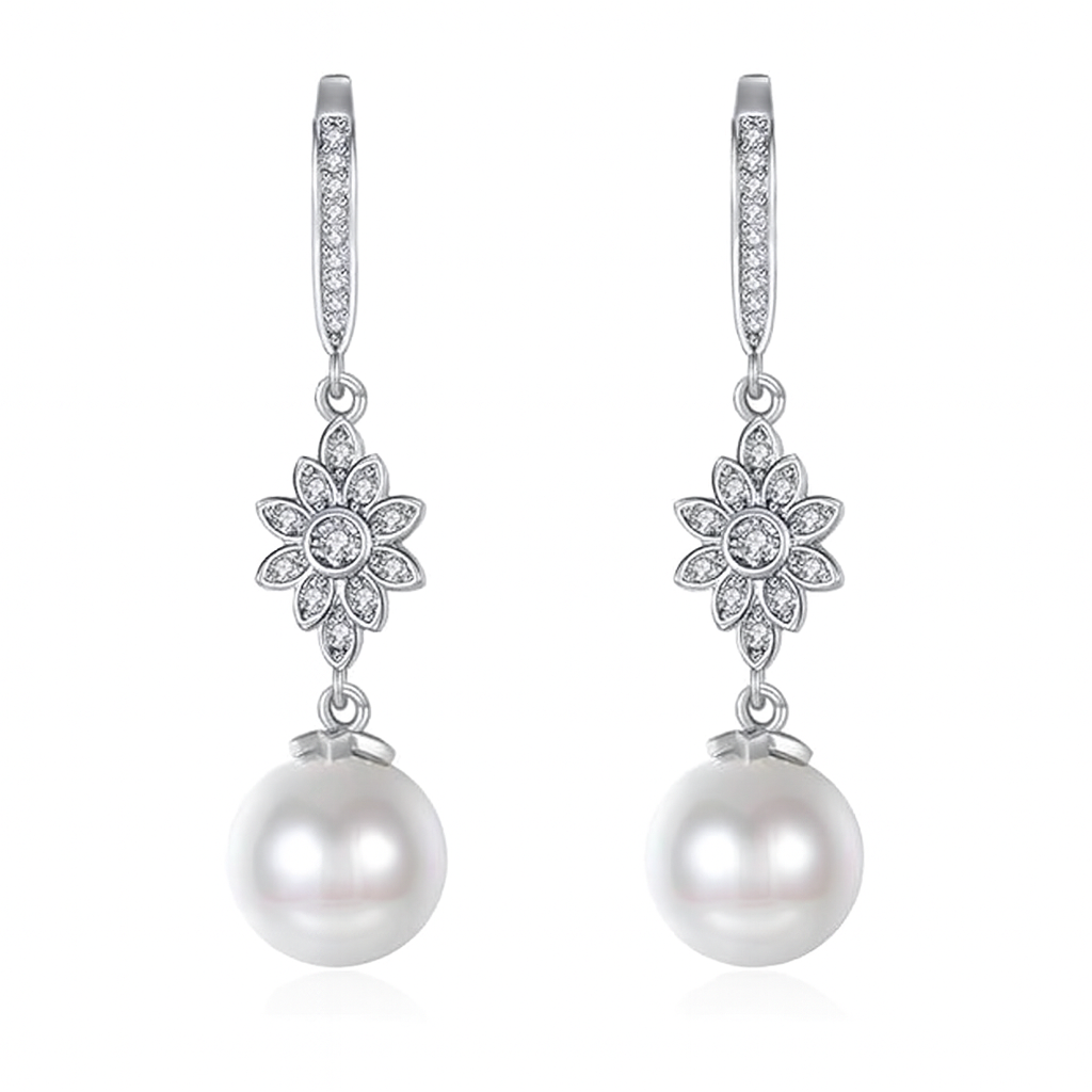 Pave Diamond Flower Motif Pearl Drop Earrings