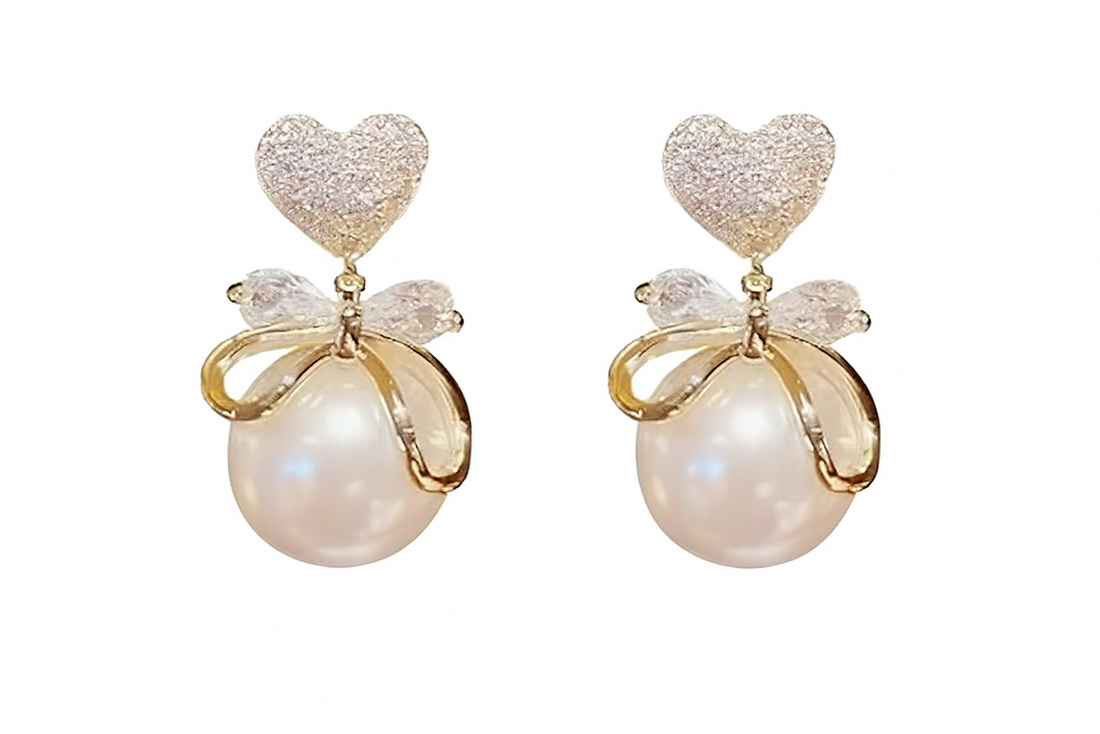 18K Gold Plated Heart and Ribbon Pearl Drop Earrings
