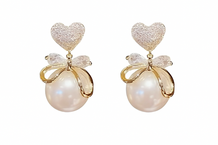 18K Gold Plated Heart and Ribbon Pearl Drop Earrings