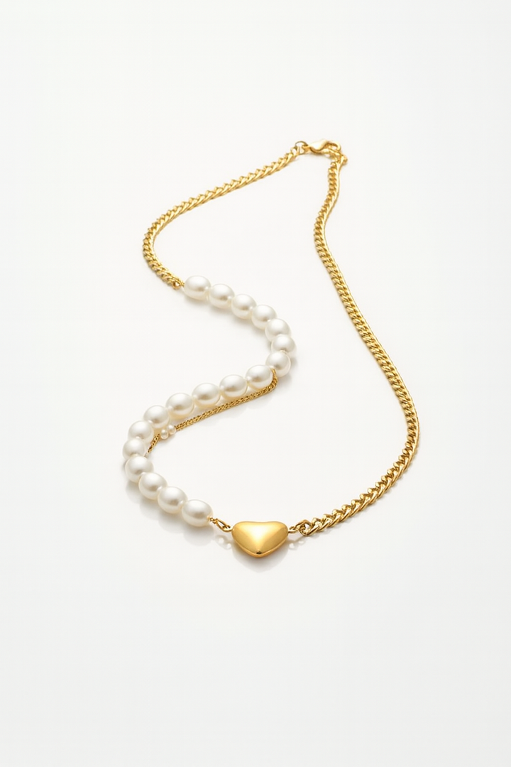 18K Gold Plated  Chain & Half  Pearl Heart Necklace