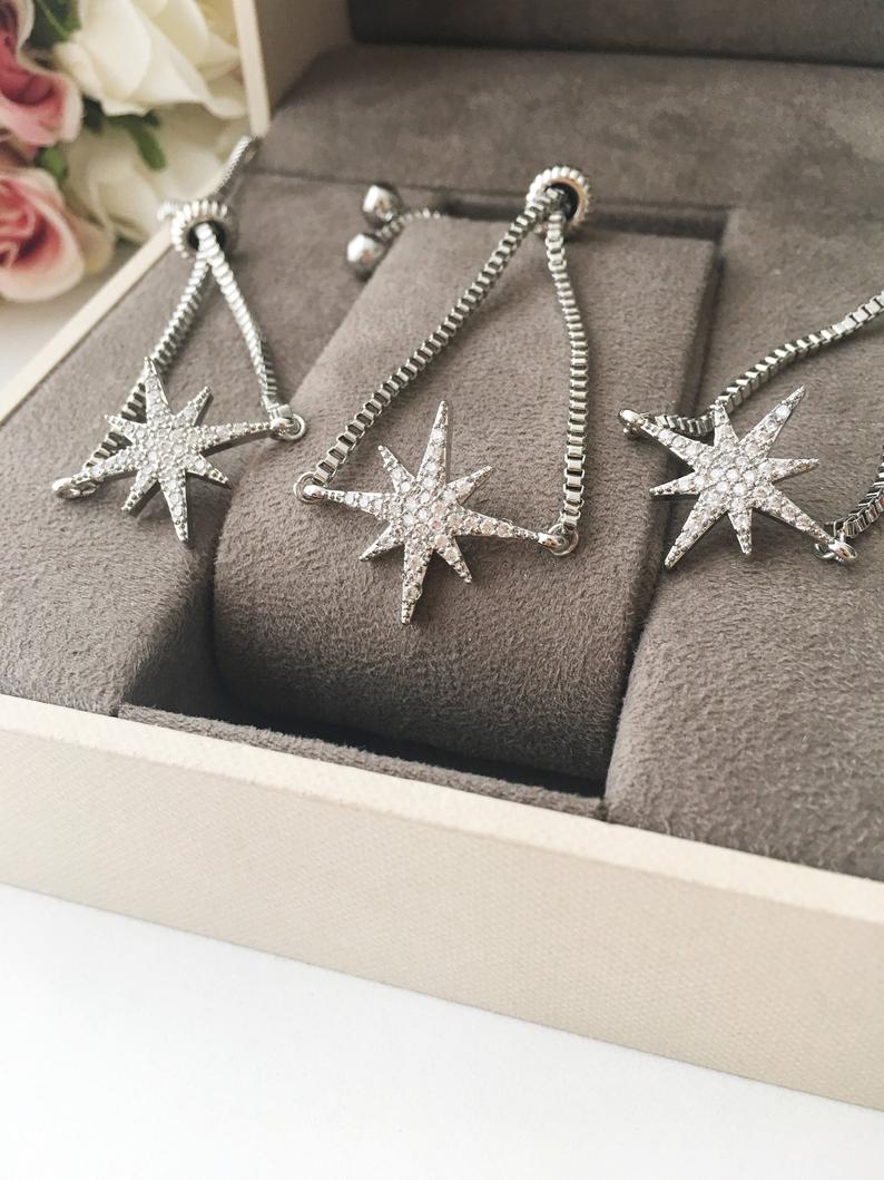 Silver Star Bracelet, Adjustable Zicon Bracelet, Star Jewelry