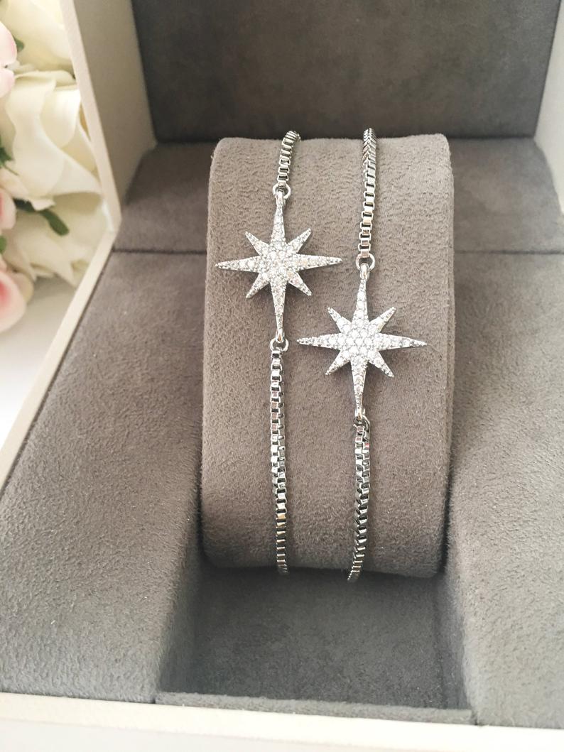 Silver Star Bracelet, Adjustable Zicon Bracelet, Star Jewelry