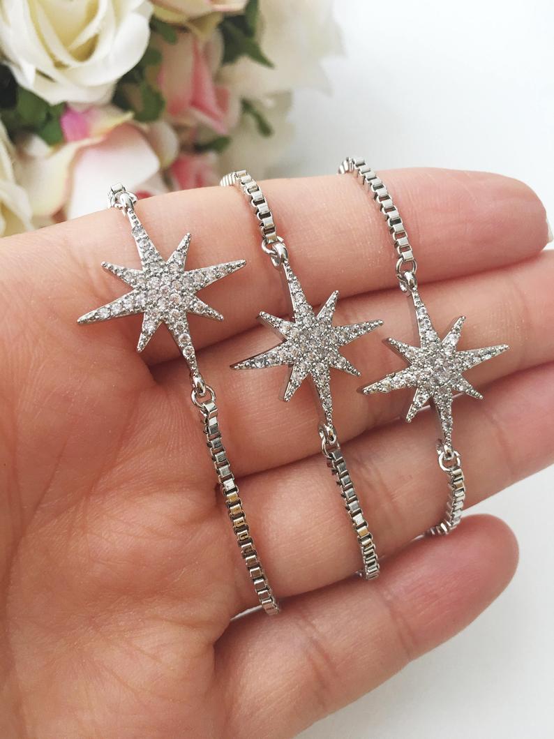 Silver Star Bracelet, Adjustable Zicon Bracelet, Star Jewelry