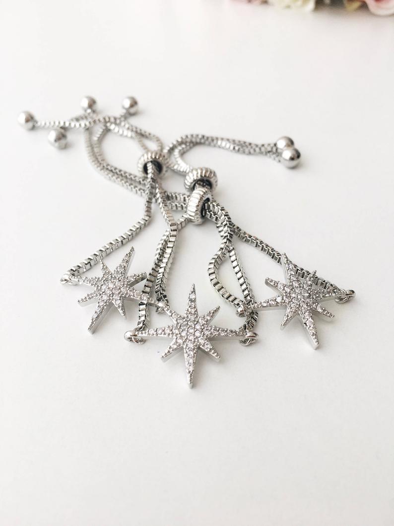 Silver Star Bracelet, Adjustable Zicon Bracelet, Star Jewelry