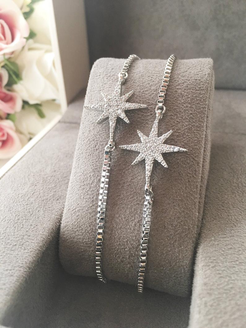 Silver Star Bracelet, Adjustable Zicon Bracelet, Star Jewelry