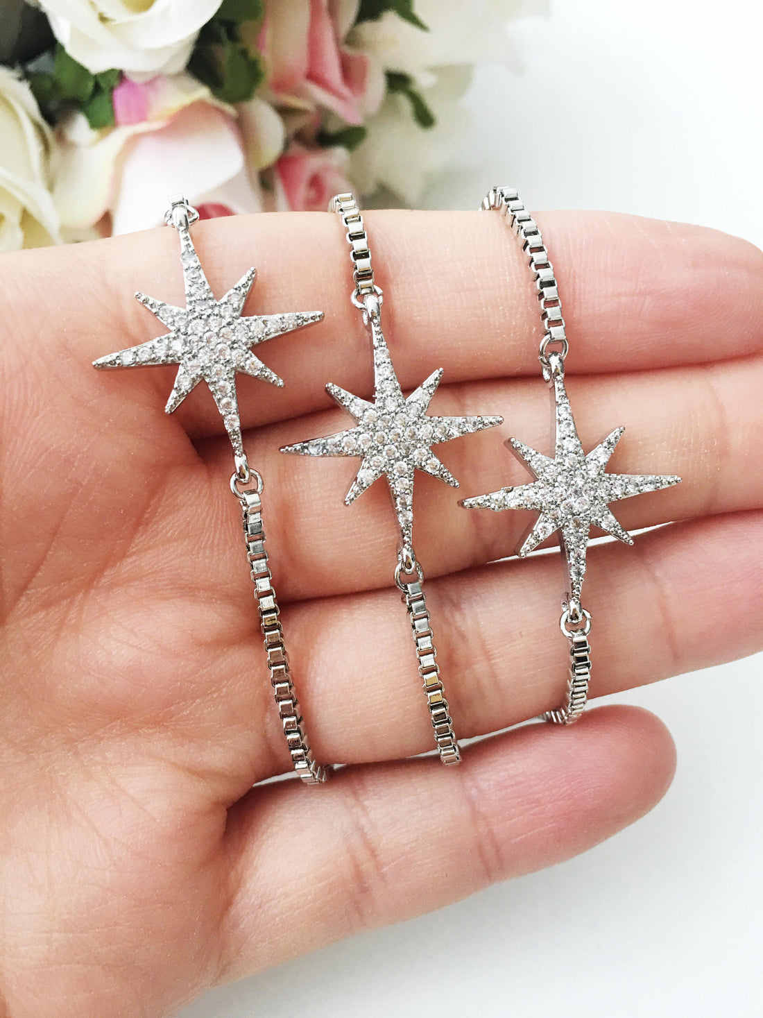 Silver Star Bracelet, Adjustable Zicon Bracelet, Star Jewelry