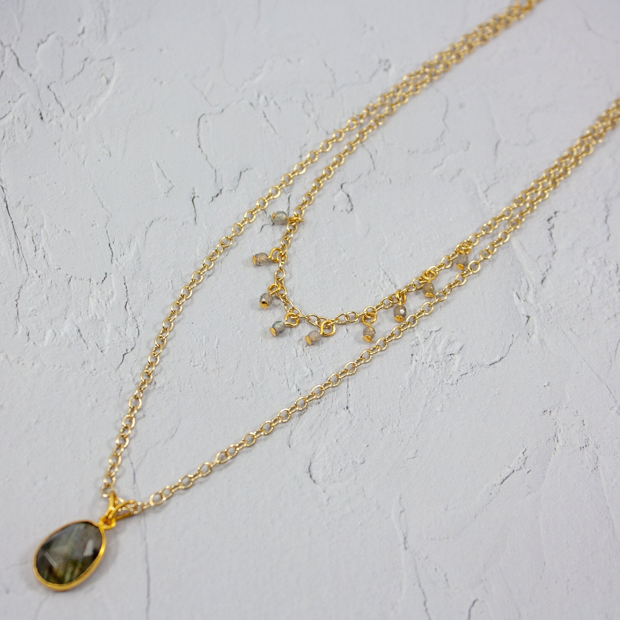 18K Gold Plated Labradorite Layered charm Necklace